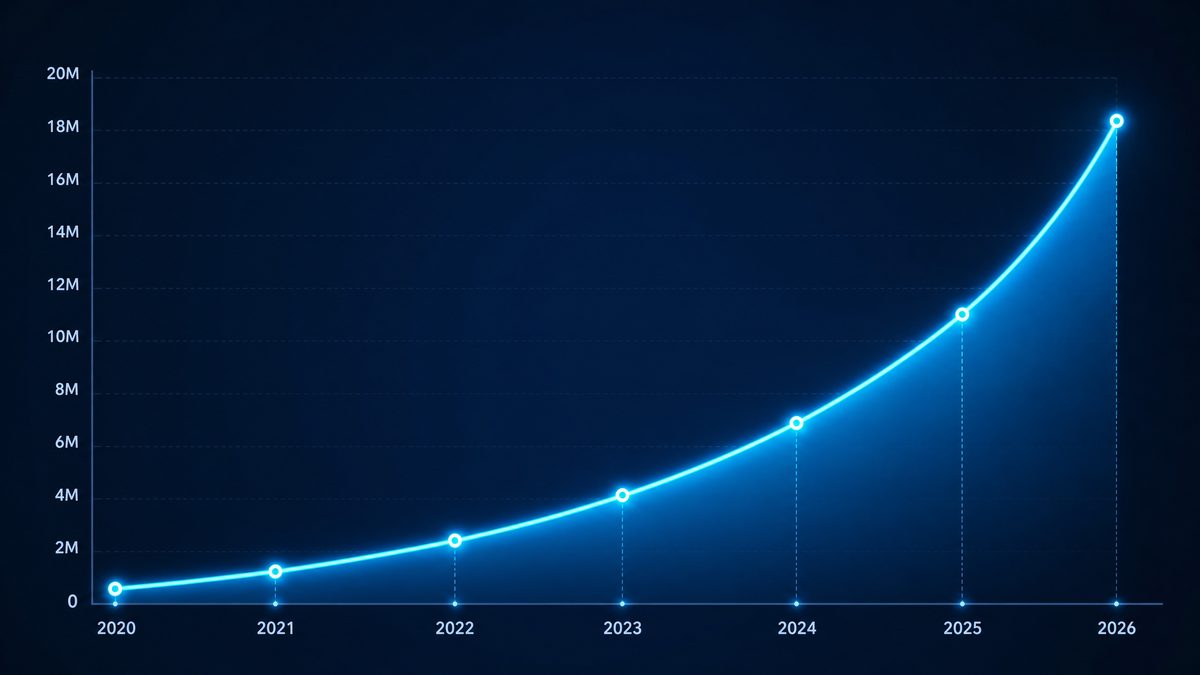 www.17c.com用户增长数据图表,展示2020-2026年注册用户从50万增长至1800万的趋势